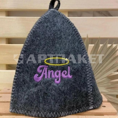Шапка банная классическая серая с вышивкой "Angel"