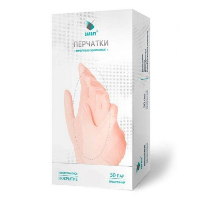 Перчатки винил, неопудренные, нестерильные, прозрачные, р-р L, "Saf&Ty", 50 пар/кор