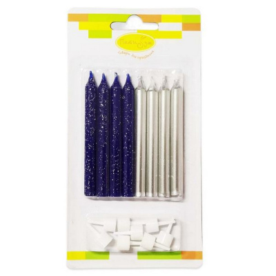 Свечи для торта 8см Navy Blue с блестками & Silver с держателями 8шт