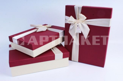 Коробка картон прямоугольная 3 29*21*9см Бордовая крышка+белая кор+бант