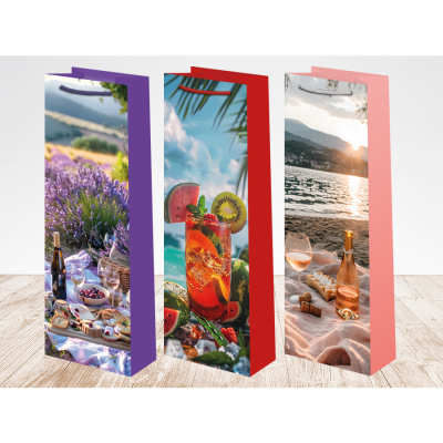 Пакет подарочный ламинированный матовый, под бутылку, 12х8х36 см, ручка-шнур, микс