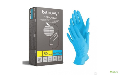 Перчатки нитрил, неопудренные, нестерильные, голубые, р-р L, "Benovy", 50 пар/кор