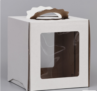 Коробка д/торта 26х26х28 см белая 4 окна+ручки