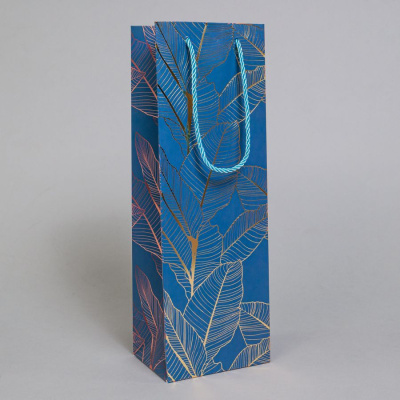 Пакет подарочный ламинированный матовый, под бутылку, 12х9х35 см, ручка-шнур, синий
