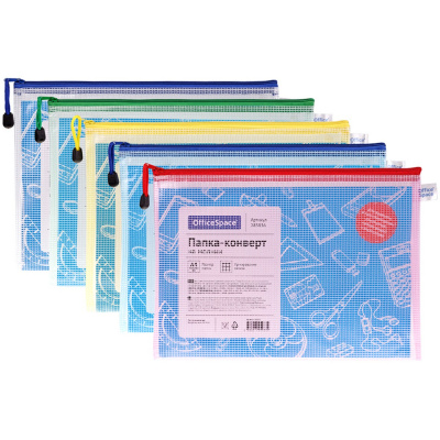 Папка-конверт на молнии OfficeSpace А4 сетка, прозрачная, ассорти