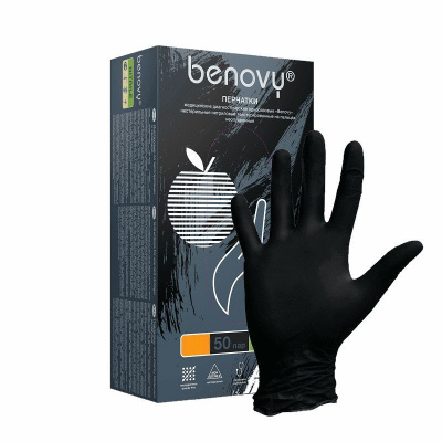 Перчатки нитрил, неопудренные, нестерильные, черные, р-р S, "Benovy", 50 пар/кор