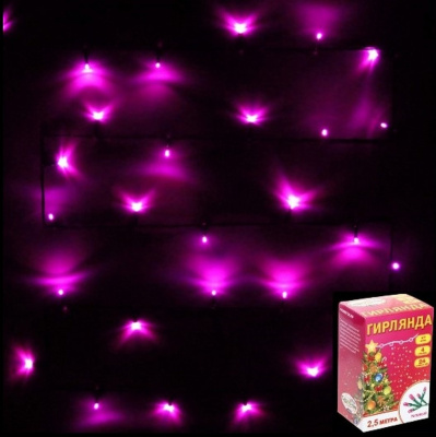 Гирлянда эл. нить 2,5 м, 24 LED, IP20, розовый, зеленый провод 130-357
