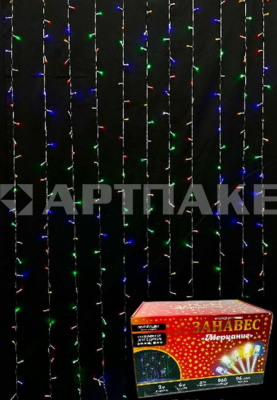 Гирлянда эл. занавес 2х6 м, 960 LED, IP54, "Мерцание" мультицвет/белое мерцание, прозрачный провод 