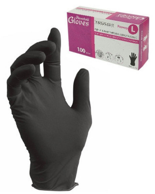 Перчатки нитрил, неопудренные, нестерильные, черные, р-р L, "Household Gloves", 50 пар/кор