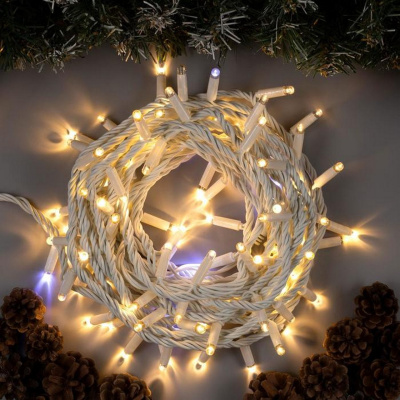 Гирлянда эл. д/улицы нить 10 м, 100 LED, IP65, белый теплый/мерцание, белый провод 3584124 фиксинг