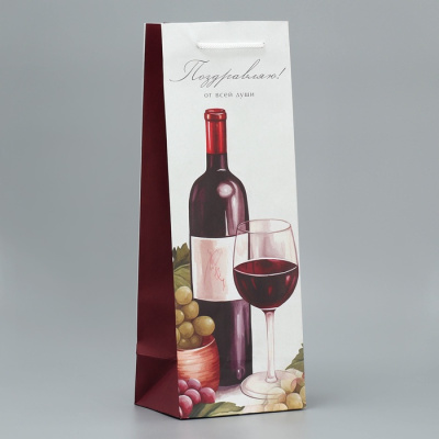 Пакет подарочный ламинированный глянцевый, под бутылку, 13х10х36 см, ручка-шнур, "От всей души" 