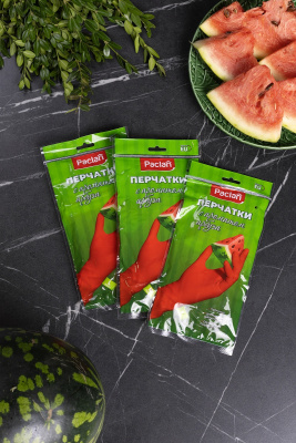 Перчатки резиновые, прочные, с хлопковым напылением, красный, арбуз, р-р М, "Paclan", 1 пара