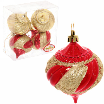 Набор игрушек елочных пластик 4 шт, "Юла витой кант", красный/золото 201-0584